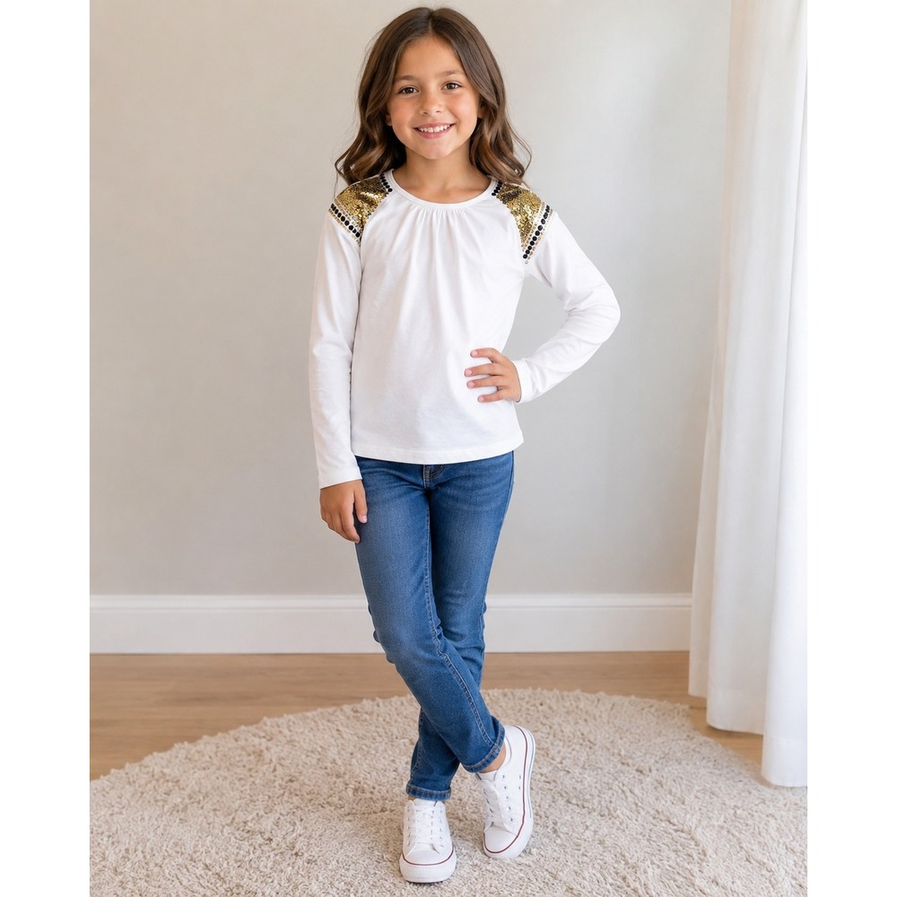 Ruby & Bloom Girls Embellished White Long Sleeve Top | Size S (7–8)